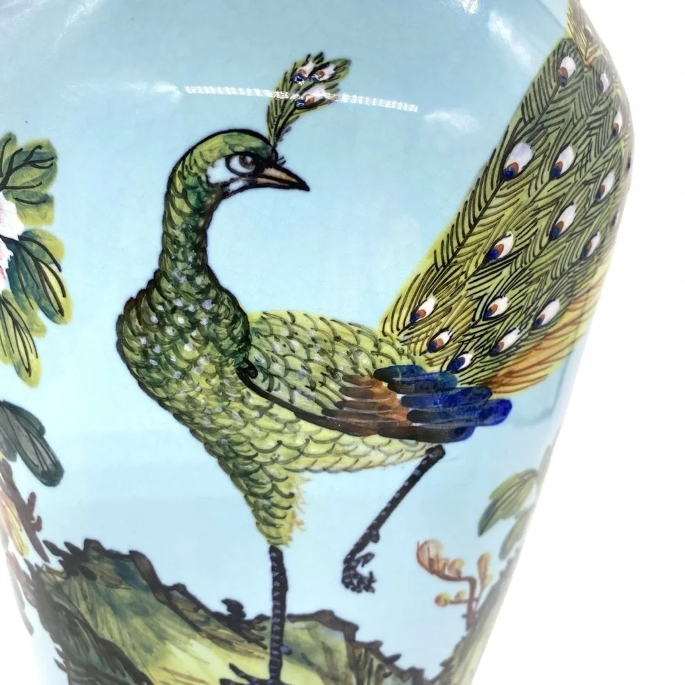 Vintage Taiwan Rocporcelain Peacock Hand Painted Large Floor Vase